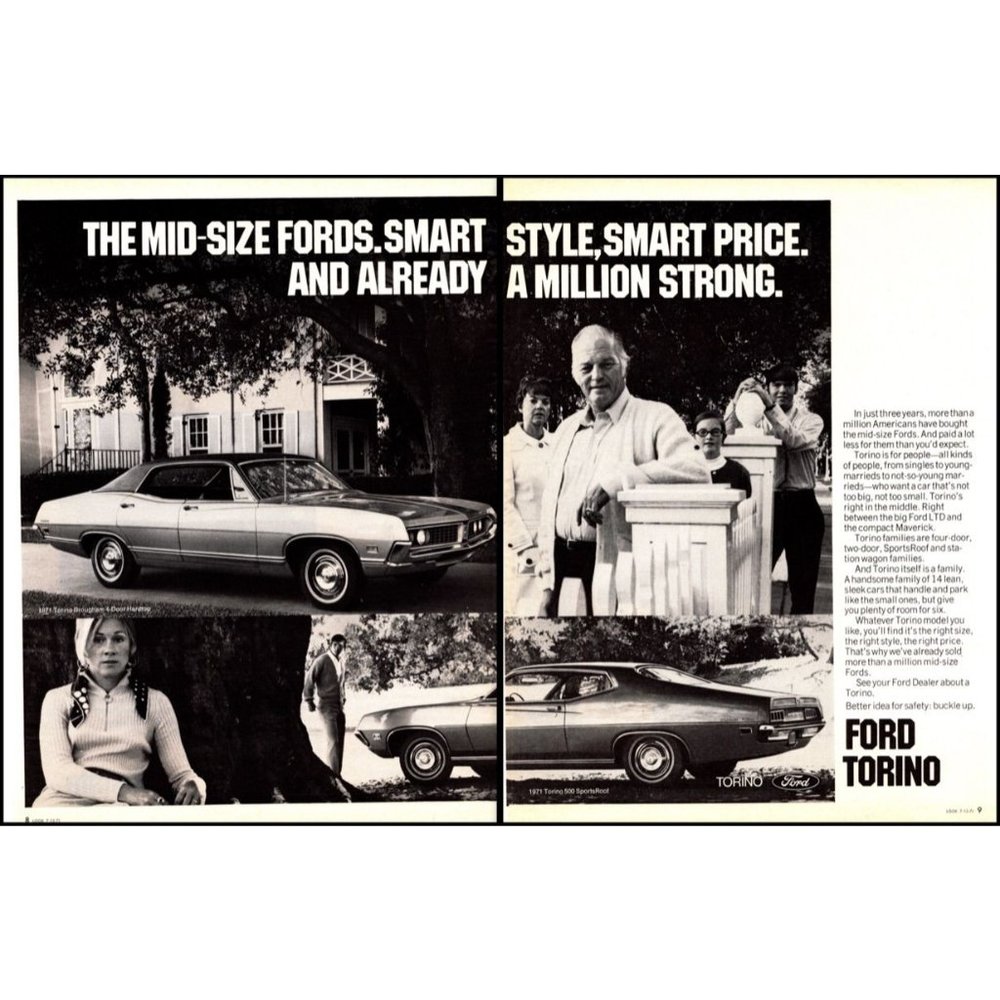 1971 Ford Torino 500 SportsRoof and Brougham 2 Page Vintage Print Ad Wall Art
